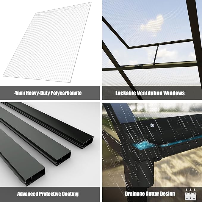 8x16 FT Greenhouse for Outdoors, Polycarbonate Green House with Quick Setup Structure and Roof Vent, Aluminum Large Walk-in Greenhouse for Outside Garden Backyard, Black