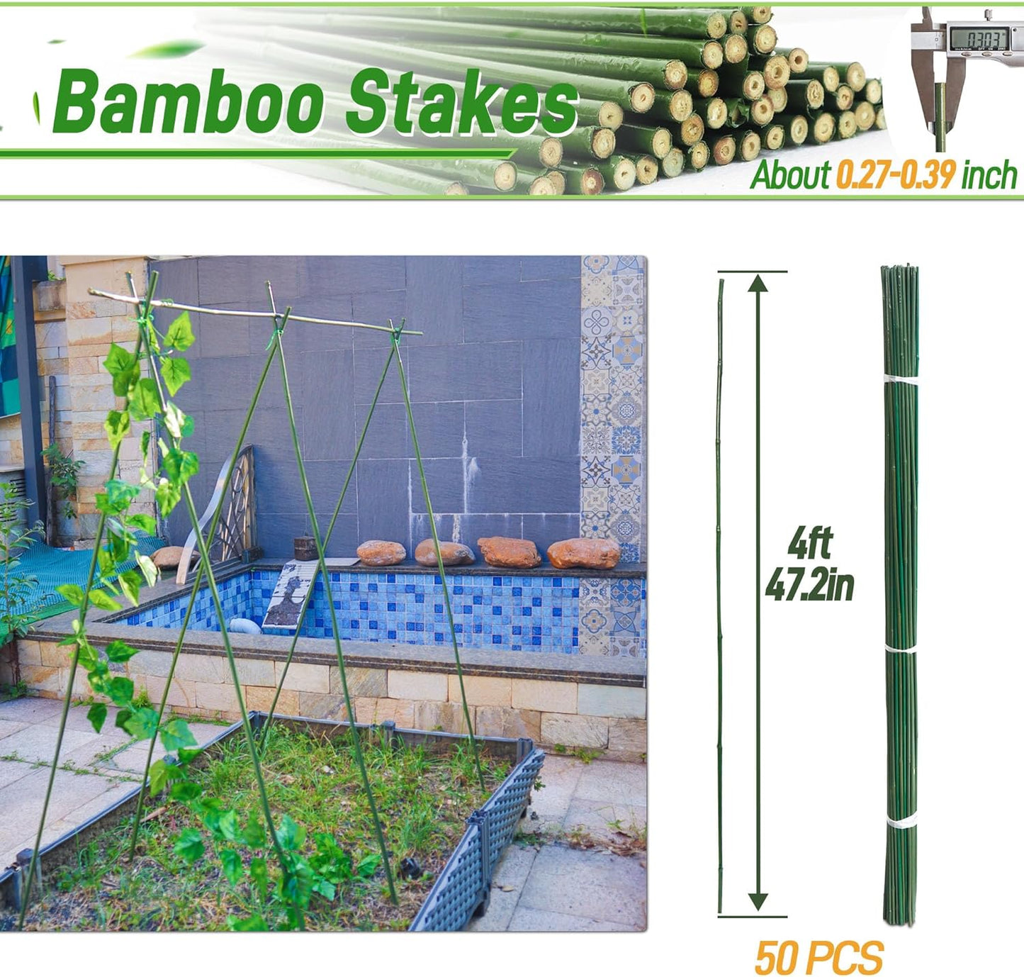 50Pcs 4ft Bamboo Sticks for Indoor Outdoor Plants, 0.29"-0.38" Natural Bamboo Poles, Durable Garden Stakes for Tomatoes, Beans, Flowers and Potted Plants