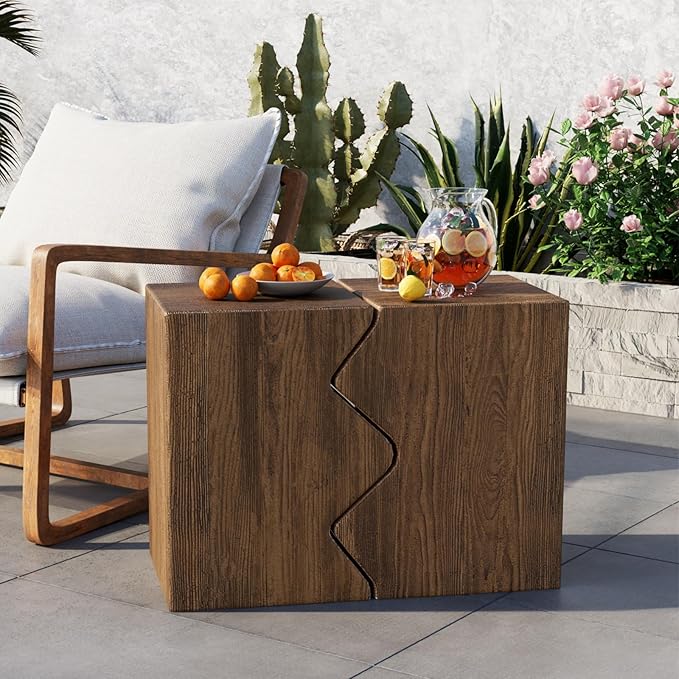 COSIEST Concrete Side Table, Set of 2 Rectangular Outdoor Side Tables, Decorative Garden Stools for Indoor Outdoor, Accent Table Patio Side Table Nesting End Table w Light Oak Colored Faux Wood