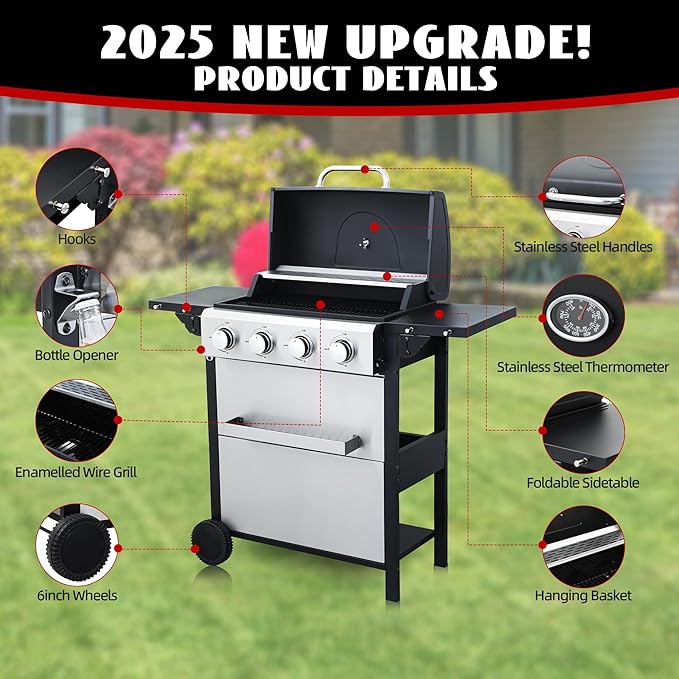 4-Burner Propane Gas Grill with 2 Foldable Side Tables, 34,200 BTU Outdoor BBQ Grill with Porcelain-Enameled Flame Tamers, Built-in Thermometer, Easy Assembly for Patio, Backyard BBQ