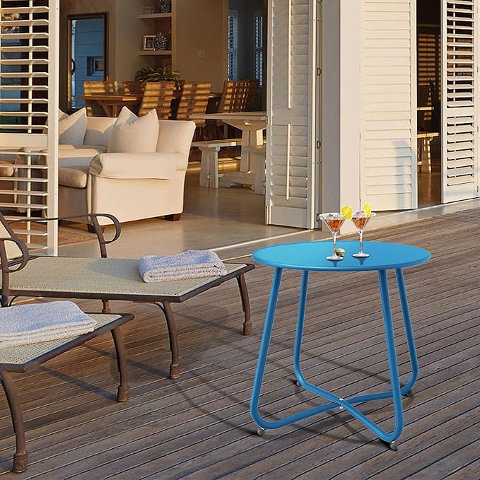 Peacock Blue Patio Side Table, 18" Weatherproof Steel Outdoor Indoor Side Table for Garden, Balcony, Pool & Tailgate, Rust-Resistant Lightweight Portable Patio End Table