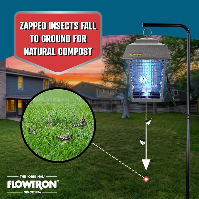 Flowtron Electric Bug Zapper 1/2 Acre Outdoor Insect Control with Dual Lure Method, 15W UV Light & Octenol Attractant for Fly & Mosquito, 5600V Kill Grid, Made in USA, UL Certified - Grey Color