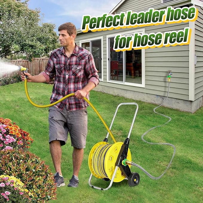 Female to Female Leader Hose for Hoses Reel, 10ft Metal Leakproof Short Garden Hose Connector, Heavy Duty 304 Stainless Steel Flexible Water Pipe for Outdoor Garden Watering Car Pet Cleaning