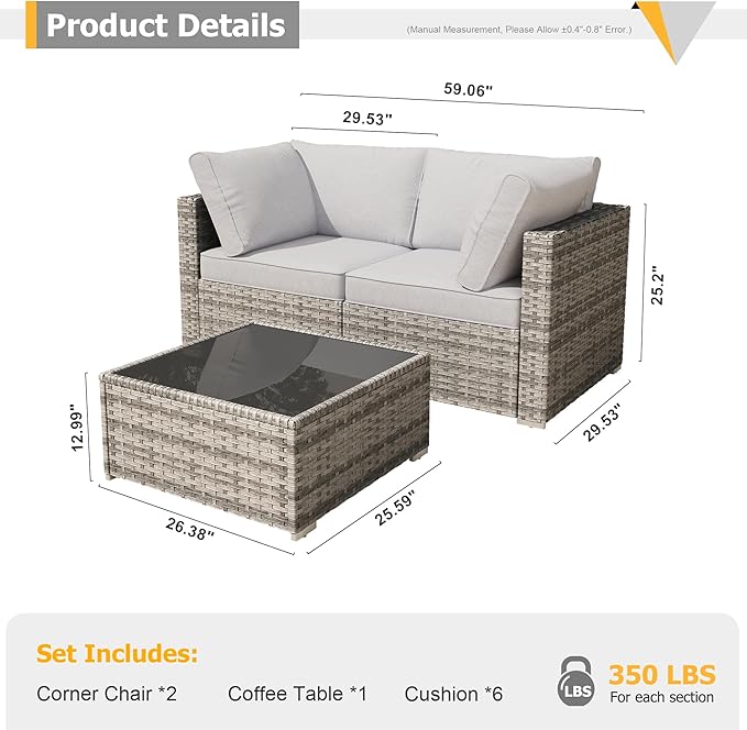 HOOOWOOO Patio Sectional Furniture Set,3 Piece Couch Set with 2 Matching Corner Chairs and 1 Table(Orange Red)