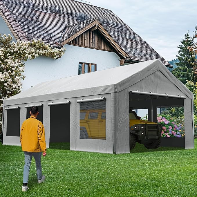 Quictent Heavy Duty 13x25 ft Carports with Side Zipper Doors & Snowproof Steel Cables & Ventilated Windows, Waterproof Storage Shelter for Car, Boat, RV, Outdoor Equipment, Gray