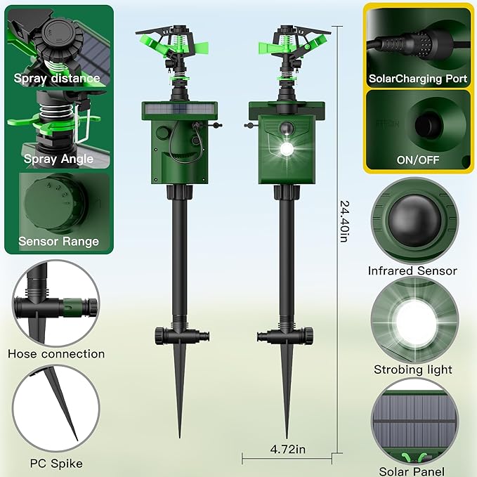 Motion Activated Animal Repeller with Water Sprinkler and Flashing Light, Solar Powerd Deer Cat Repellent Outdoor Deer Deterrent - Keep Rabbits Shunks Dog Raccoons Birds Away from Lawn and Garden