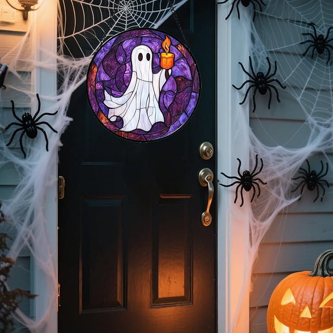 Stained Glass Window Hanging - Halloween Decorations Ghost Suncatcher for Doors Garden Indoor Spooky Funny Purple Sun Catchers Gothic Decor Horror Gifts for Women Men Friend 9.8 in