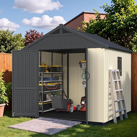 Devoko 8 x 8 FT Plastic Storage Shed with Floor, Outdoor Resin Tool Shed with Lockable Door & Sloping Roof, Patio Kick-it Shed for Garden, Backyard, Lawn, Beige