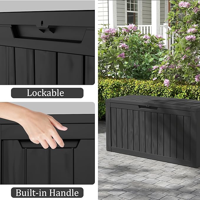 75 Gallon Deck Box, Resin Outdoor Indoor Waterproof Storage Box, Lockable Storage Box With Handle for Patio Furniture - Garden Tools - Swimming Pool Tools UV-Resistant, Black