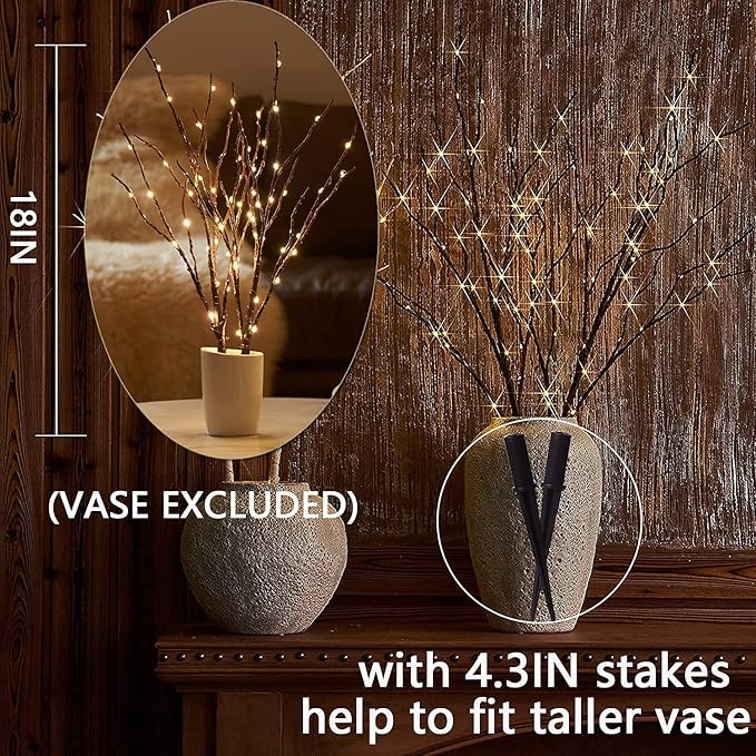Fudios Lighted Branches with Timer 70 LED Fairy Lights 18in Battery Operated, Willow Branches with Lights for Vase Christmas Holiday Home Decor