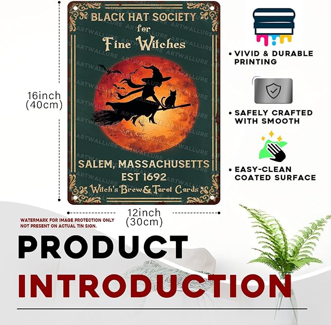 Black Hat Society for Fine Witches Vintage Retro Metal Tin Sign Rustic Wall Decor Witch Halloween Art Metal Plaque for Home Bar Cafe Farmhouse 12x16inch