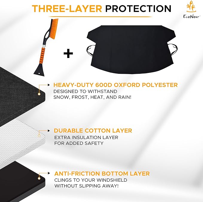 EcoNour Truck Windshield Cover for Ice and Snow (74"x43") | Snow Brush and Ice Scrapers for Car (1 Pack) with Scratch Free Bristle Head | Winter Car Kit for Pickup Trucks, Fullsize SUVs