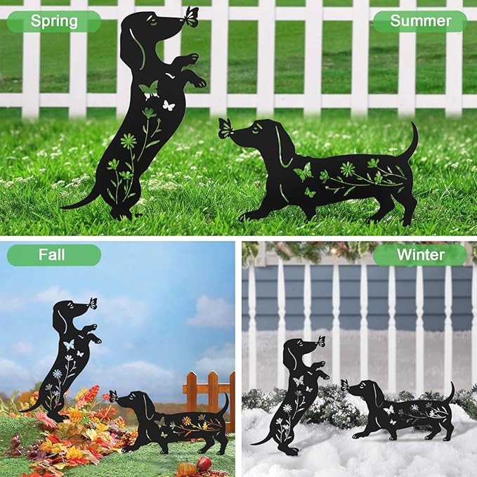 Set of 2 Metal Dog Garden Statues for Outside, Dachshund Metal Garden Decor for Outdoor,Yard,Lawn,Garden Stakes