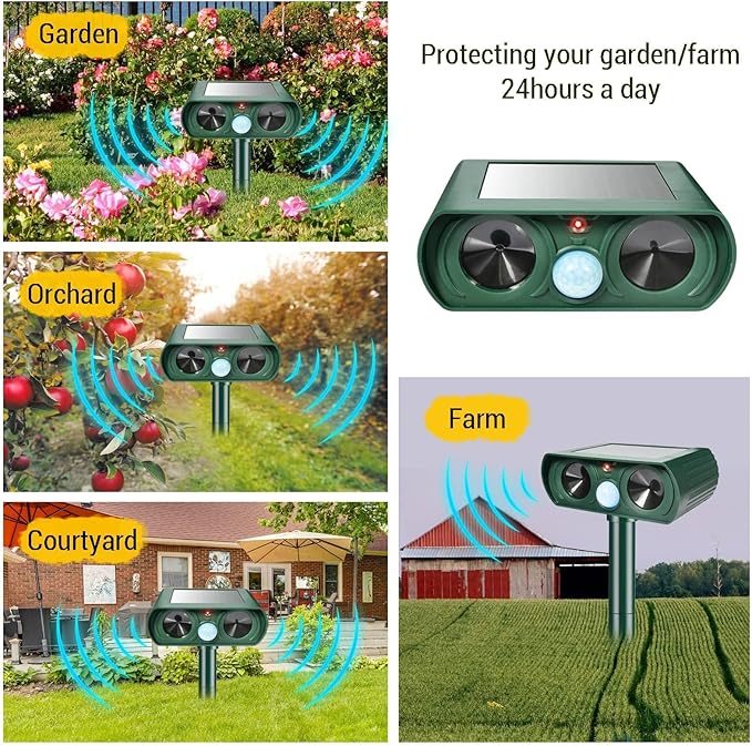 4 Pack Ultrasonic Animal Repeller Outdoor Solar Deer Repellent Ainmal Cat Deterrent with Motion Sensor to Repel Squirrel Dog Rabbit Raccoon Repellent for Yard Garden