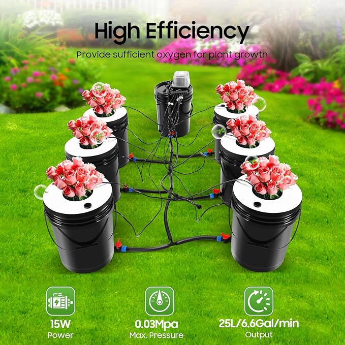 DWC Hydroponics Grow System, 6 Hydroponics Grow Bucket 20L DWC Recirculating Deep Water Culture 6 Air Stones for Indoor/Outdoor Leafy Vegetables