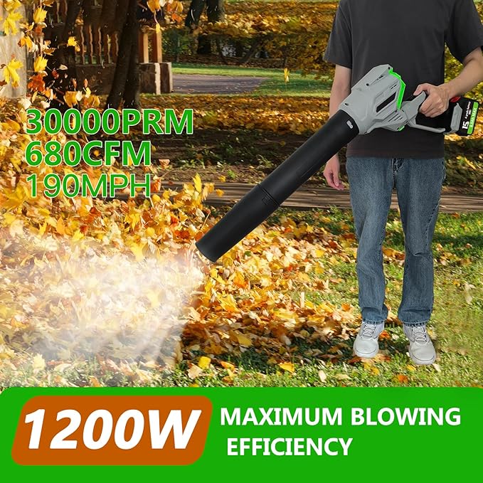 Leaf Blower Cordless, 2x21V 6.0 Ah Battery and Charger, 680CFM 190MPH Electric Blower, 3-Variable Speed & Turbo Mode, Handheld Leaf Blower Battery Powered for Blowing Leaves, Dust, Snow