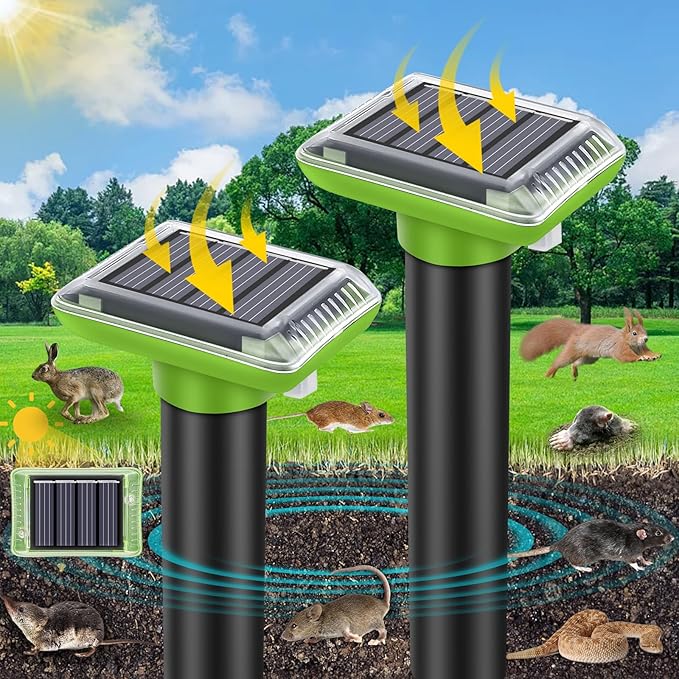 Mole Repellent Solar Powered,2025 Upgraded Vole Repellent Ultrasonic Solar Powered,Mole Repeller Outdoor for Lawns Garden Yard,Gopher Trap Killer for Gopher,Squirrel(2 Pack)
