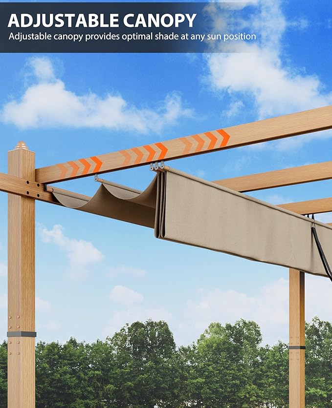 10x10 Ft Outdoor Retractable Pergola with Adjustable Roof Modern Metal Patio Gazebo, Upgraded Faux Wood Grain Aluminum Pergola for Deck, Backyard Gardens, Porches, Grapevines, Khaki