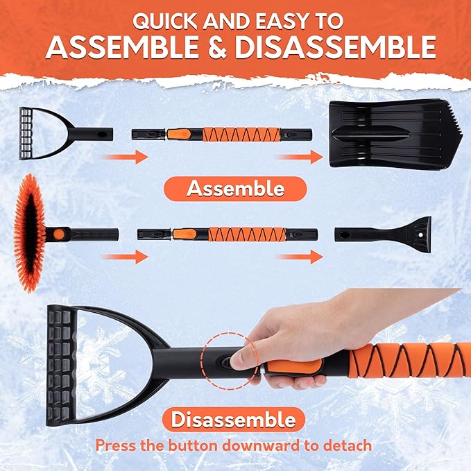 TONDA Snow Brush and Ice Scraper for Car Windshield, 180° Rotating Brush with Squeegee, Extendable Handle with Foam Grip, Snow Shovel for Cars, Trucks & SUVs, Orange