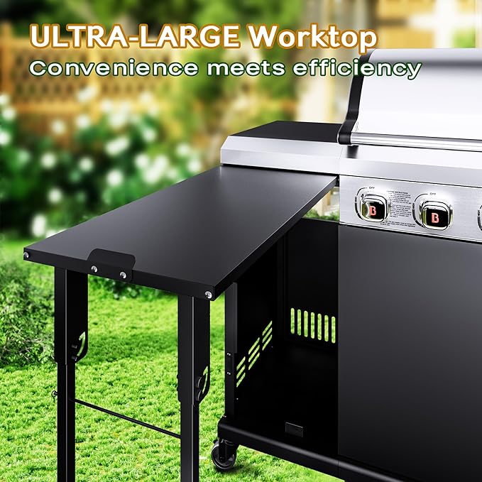 Brand-Man Propane Gas Grill Island Outdoor Kitchen & Storage Cabinets, 52000 BTUs Stainless Steel Burner Patio Cooking BBQ Grill with Side Burner - Natural Gas Convertible, Black (5 Burner)