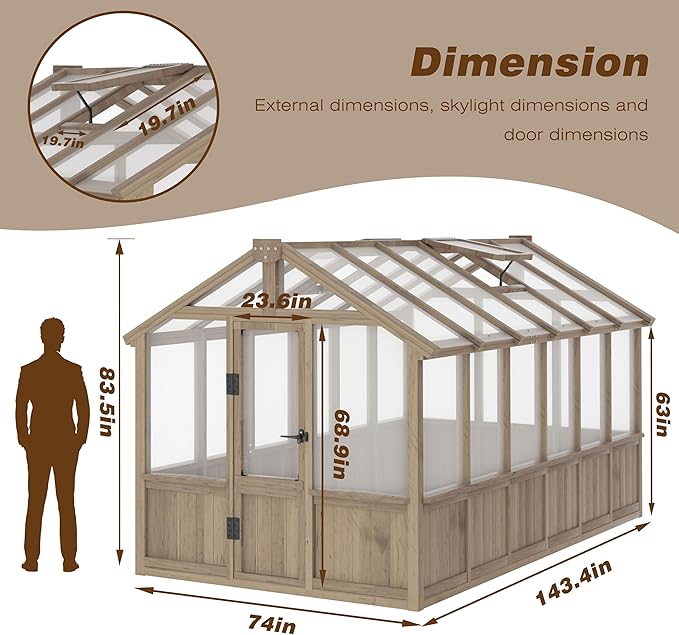 BlueWish 6x12FT Greenhouse, Wood Greenhouses with 6MM Thick Polycarbonate, Adjustable Vent, Cedar Frame, Greenhouse for Outside, Garden, Backyard,Light Brown Mocha