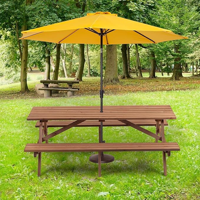 Outdoor Wooden Picnic Table with Benches and Umbrella Hole, Rustic Style Lifetime Picnic Table Bench Set for 6 or 8 Person for Backyard, Porch, Patio, and Deck, Brown