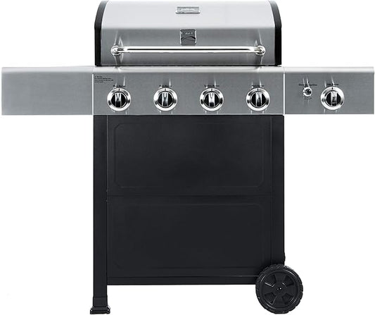 Kenmore 4-Burner Gas Grill with Side Burner, Outdoor BBQ Grill, Propane Gas Grill, Cast Iron Cooking Grates, Electronic Ignition, Warming Rack, Open Cart Design, 53000 BTUs, Stainless Steel and Black