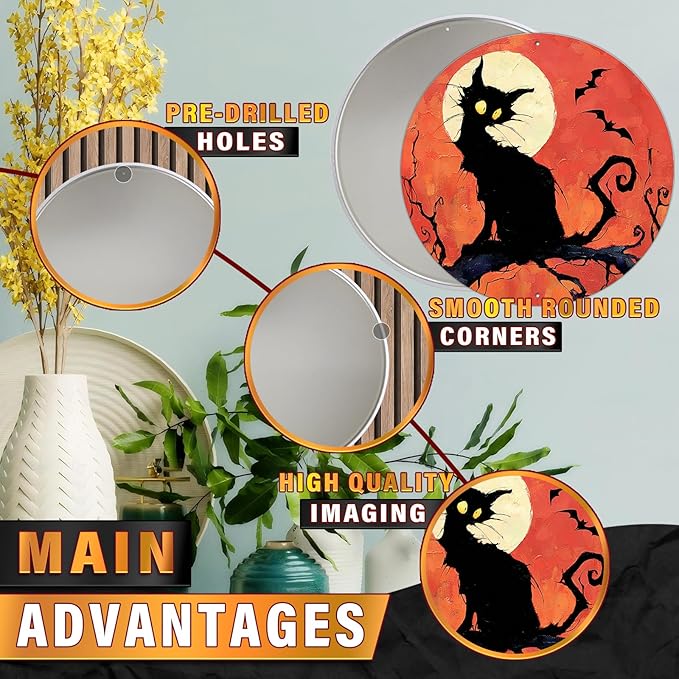 PEACHGARDEN Vintage Halloween Black Cat Round Tin Sign Gothic Decor Wall Art Metal Plaque 12x12inch