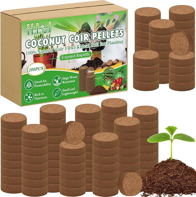 Halatool 200pcs 30mm Organic Coconut Coir Pellets Soil for Seed Starter, Compressed Coco Coir Potting Soil for Growing Vegetables, Fruits, Flowers