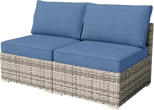 HOOOWOOO Patio Sectional Furniture Set,2 Piece Couch Set with 2 Matching Armless Chairs(Denime Blue)