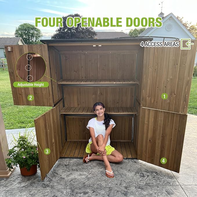 Outdoor Storage Shed with Metal Frame,Large Wooden Tool Cabinet with Adjustable Shelfs, House Garden Shed for Backyard Garden Patio Lawn