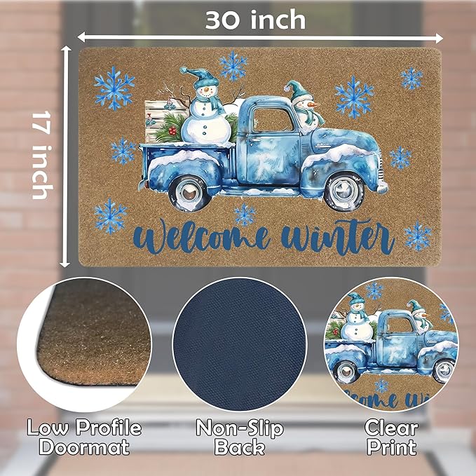 Winter Christmas Faux Coir Door Mats Outdoor, Winter Snowman Snowflake Door Mat for Home Outside Entryway, Blue Truck Christmas Welcome Doormat for Indoor Outdoor Porch Entrance, 17x30 Inch