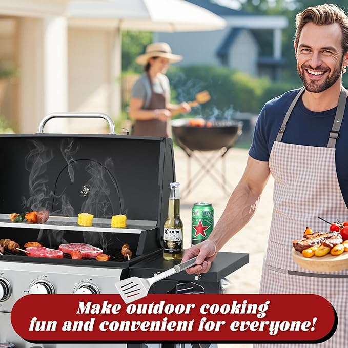 4-Burner Propane Gas Grill with 2 Foldable Side Tables, 34,200 BTU Outdoor BBQ Grill with Porcelain-Enameled Flame Tamers, Built-in Thermometer, Easy Assembly for Patio, Backyard BBQ