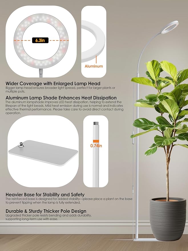 GLOWRIUM Smart Grow Lights for Indoor Plants with Auto Timer, Full Spectrum LED Floor Plant Light for 3 Spectrum Modes,6 Dimmable Levels,63inch Adjustable Height for Large Plants (White, 20W)
