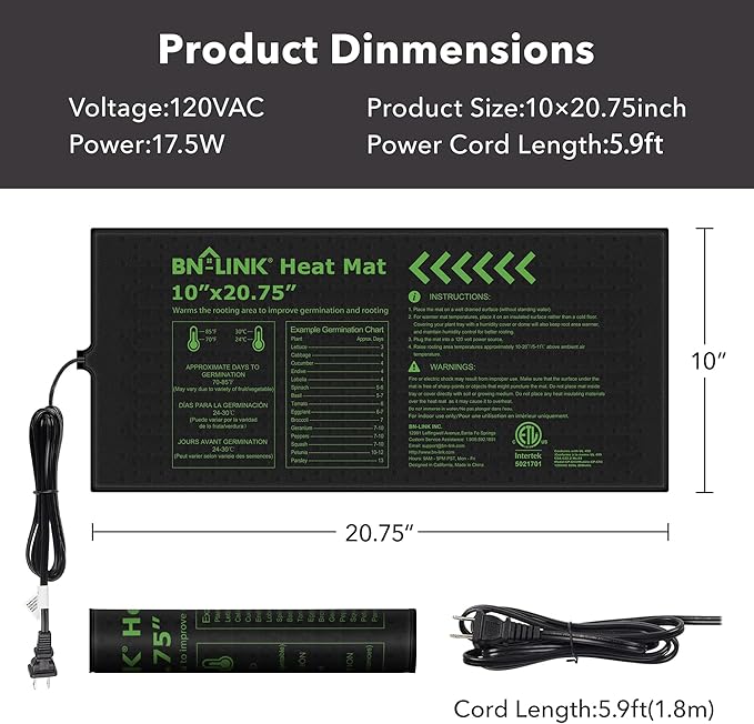 BN-LINK Seedling Heat Mat 10" x 20.75" Warm Hydroponic Heating Pad Waterproof for Seed Starting Greenhouse and Germination