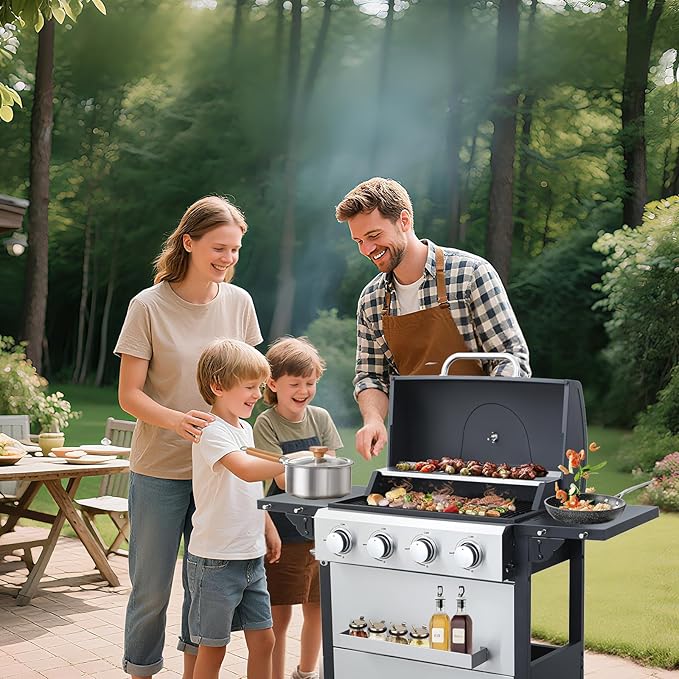 4-Burner Propane Gas BBQ Grill with Porcelain-Enameled Cast Iron Grates, 2 Foldable Side Table, 34,200 BTU Stainless Steel Grill for Outdoor Camping Barbecue Grilling Backyard Cooking