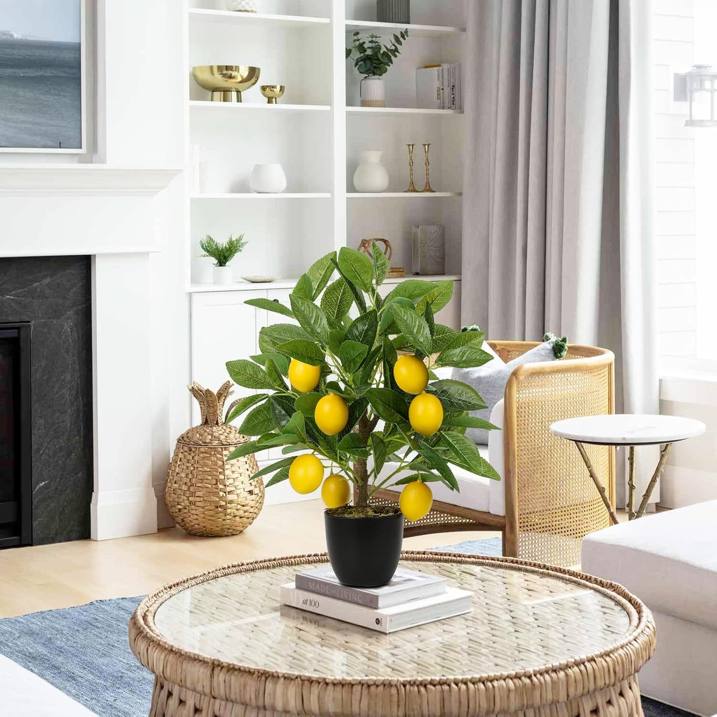 Artificial Potted Plants 15.7 inches Fake Lemon Tree Artificial Lemons Citrus Tree with Black Pot Faux Plants Indoor for Home,Office, Living Room Table, Desk