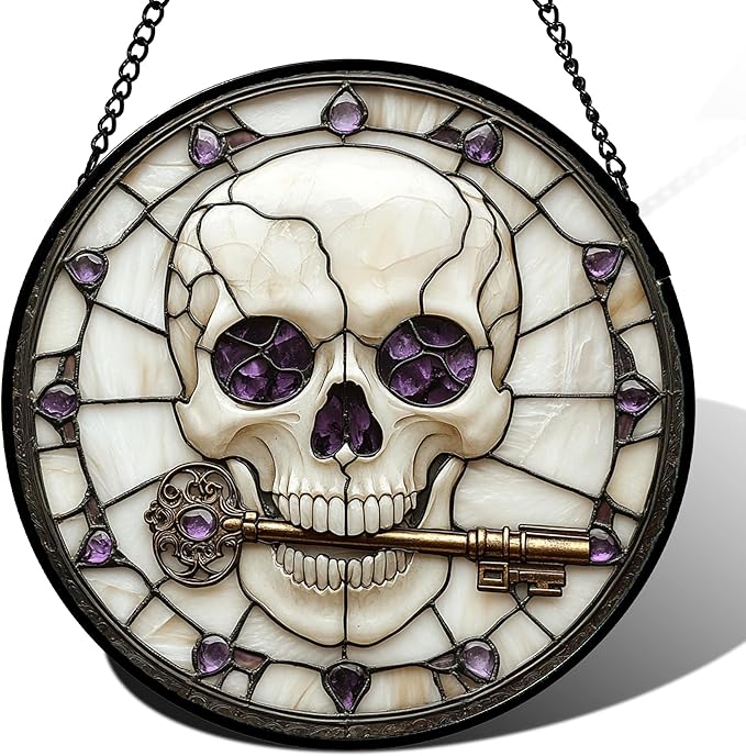 Stained Glass Window Hanging - Halloween Scary Skull Suncatcher for Doors Garden Home Spooky Purple Skeleton Key Sun Catchers Gothic Decor Horror Gifts for Women Men Friend Boy Girl 11.8 in