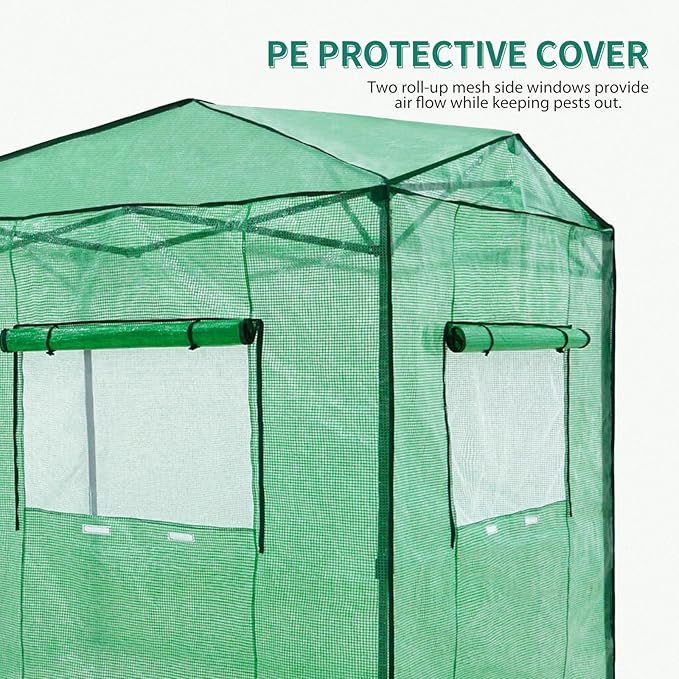 EAGLE PEAK Replacement Cover for 8x6 Portable Walk-in Pop up Greenhouse, Front Roll-Up Zipper Entry Door and 2 Large Roll-Up Side Windows (Frame Not Included), Green