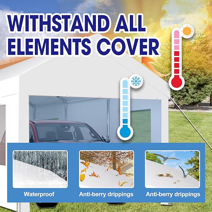 Carport 12x20 Ft Heavy Dut Car Port Canopy, Portable Garage with Removable Sidewalls & Doors for Car, Truck, Boat, Garden Tools (White)