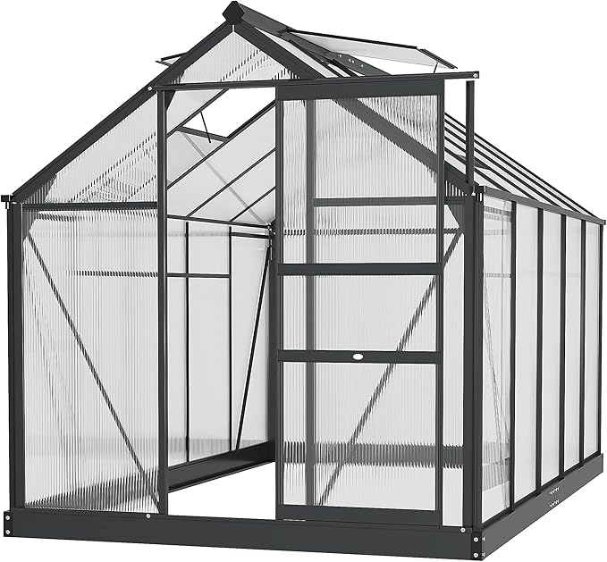 Outsunny 6' x 10' Greenhouse for Outdoors, Polycarbonate Greenhouse with Rain Gutter and Roof Vent, Aluminum Walk-in Green Houses for Outside for Patio Backyard Garden, Gray