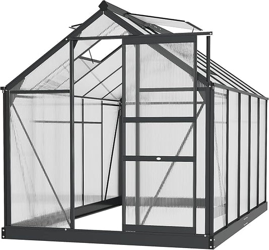 Outsunny 6' x 10' Greenhouse for Outdoors, Polycarbonate Greenhouse with Rain Gutter and Roof Vent, Aluminum Walk-in Green Houses for Outside for Patio Backyard Garden, Gray