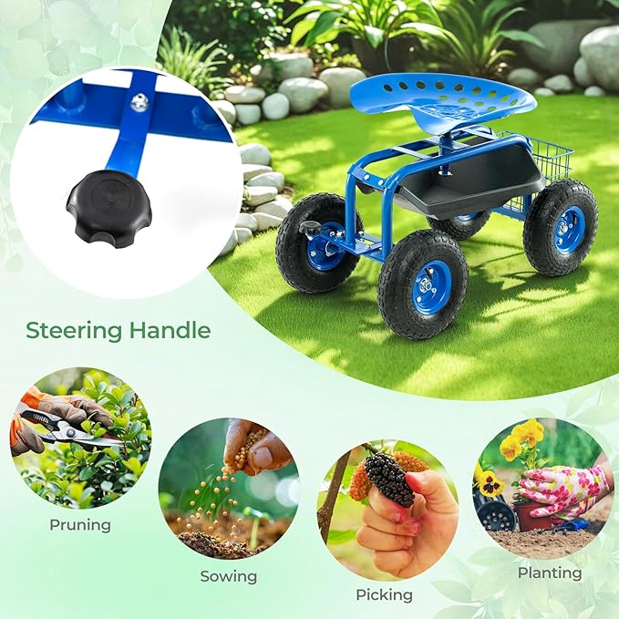 S AFSTAR Rolling Garden Cart, Wagon Scooter with 360° Swivel Seat, Storage Tray, Basket & Rubber Wheels, Heavy-Duty Gardening Tool Cart for Weeding, Patio & Yard (Blue)