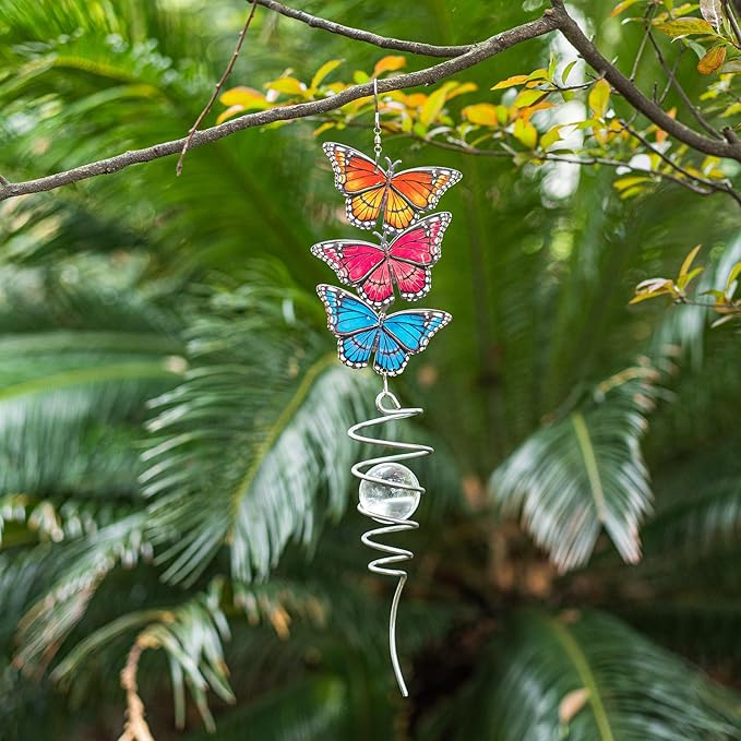 18" Wind Spinner Hanging Metal Figurine Spinner with Glass Ball for Garden Décor, Wind Sculptures & Spinners for Indoor Outdoor Garden Ornament, Butterfly