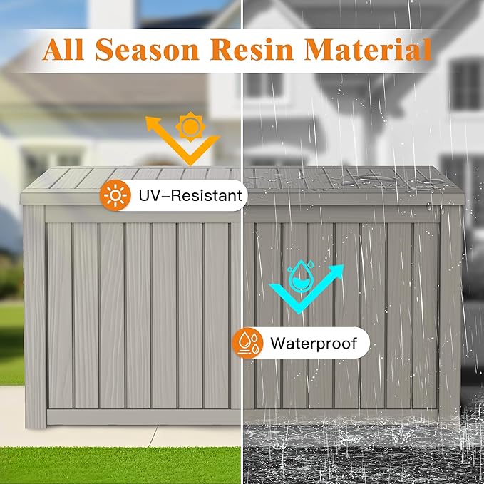 180 Gallon Outdoor Storage Box, Waterproof Deck Box with Handles and Lockable Lid, Resin Patio Storage Box with Hydraulic Rods for Garden Tools, Cushions, Grey