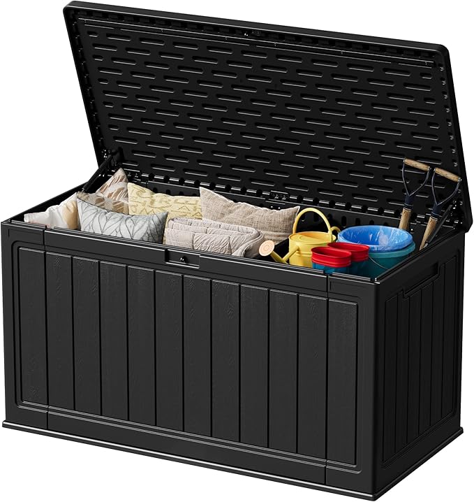 Greesum 150 Gallon HDPE Outdoor Storage Box - Waterproof, Large Capacity Deck Box with Removable Dividers for Patio, Yard, Garden Tools, Black