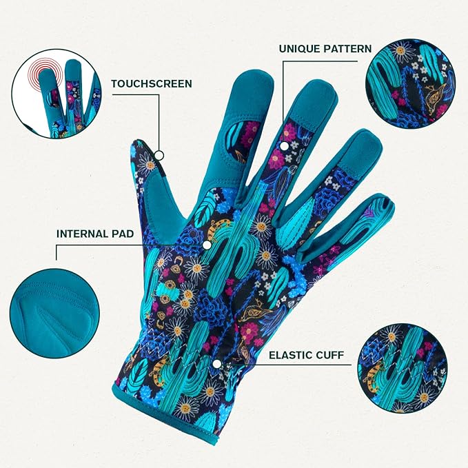 Gardening Gloves for Women, Printed Touchscreen Garden Gloves with Grip, Thorn-Proof Puncture-Resistant Work Gloves