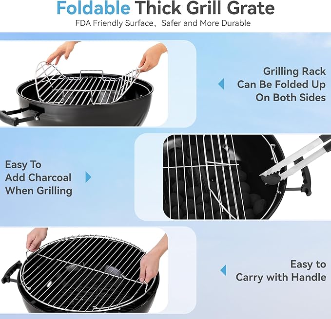 GREEN PARTY 18 inch Kettle Charcoal BBQ Grill with Wheels, Portable Charcoal Grill with Porcelain-Enameled Lid & Ash Catcher for Outdoor Cooking Barbecue Camping Picnics Tailgating, Black