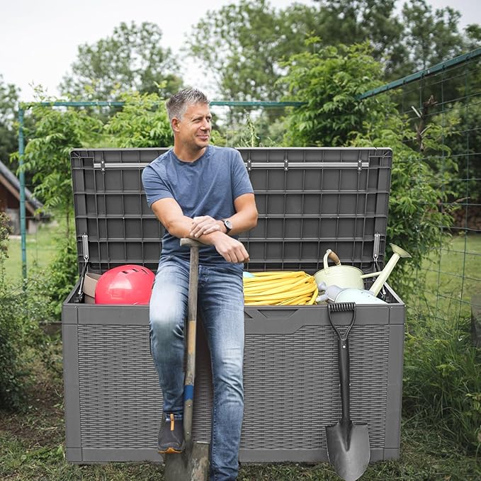 Greesum 100 Gallon Resin Deck Box Large Outdoor Storage, Imitation Rattan Weave Texture for Patio Furniture, Garden Tools, Pool Supplies, Weatherproof and UV Resistant, Lockable, Gray