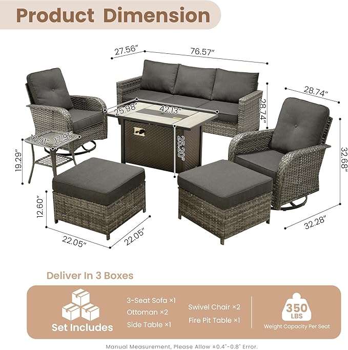 HOOOWOOO Outdoor Patio Furniture Set,7 Pieces Wicker Conversation Set,All Weather Couch Set with Fire Pit Table Swivel Chairs Ottoman 7 Seaters for Out Door Yard(Black)